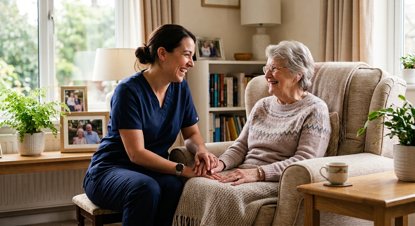 A caregiver sitting with a smiling senior client in her home