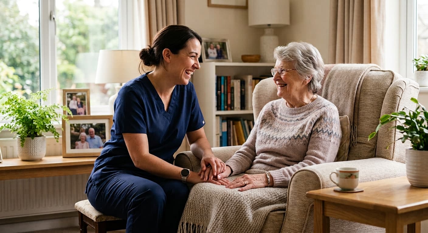 A caregiver sitting with a smiling senior client in her home